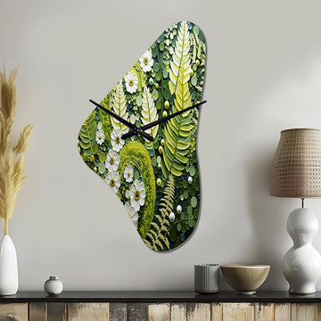 Light Green Ferns Plant Whimsical Spirals I - Asymmetric Metal Wall Clock